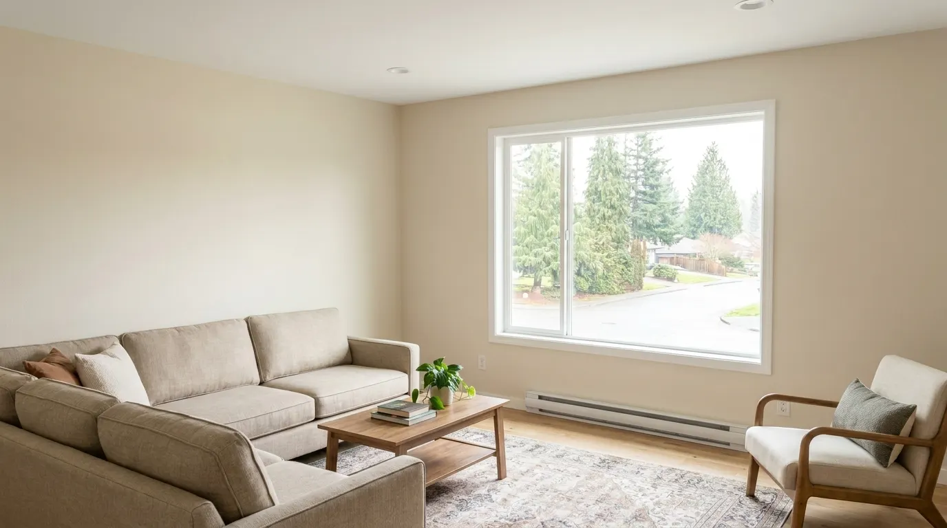 Same living room fully rebuilt and restored after fire damage