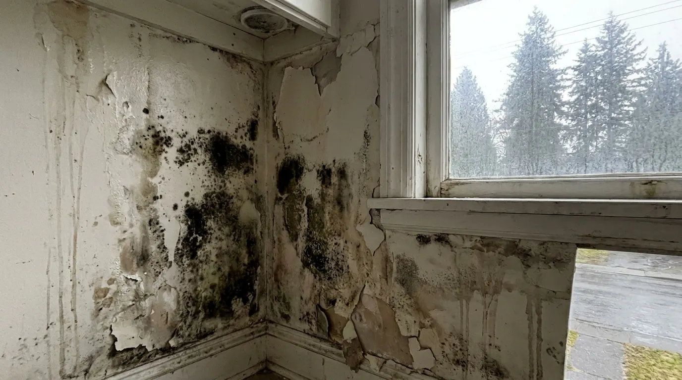 Bathroom wall with spreading mold before remediation