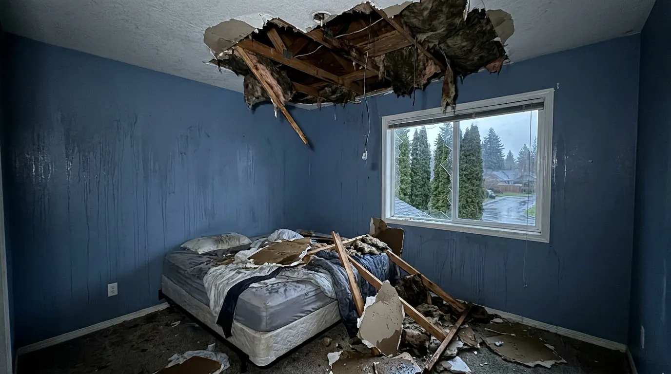Bedroom with collapsed ceiling and storm debris before repair