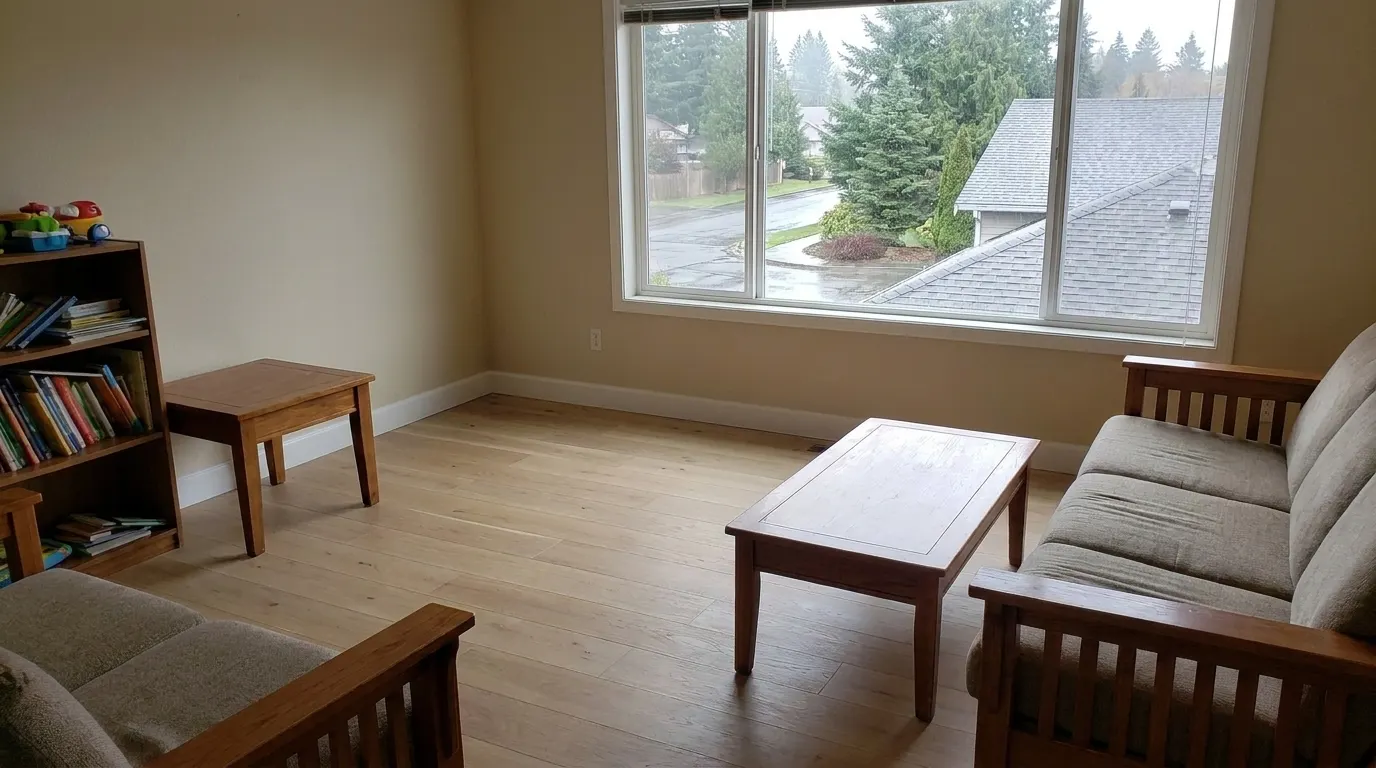 Same living room with new premium plank flooring and repaired walls after restoration