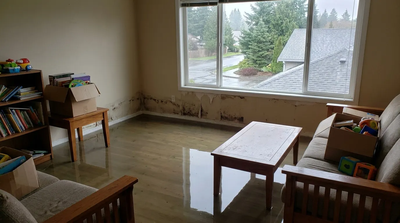 Flooded living room with standing water before restoration